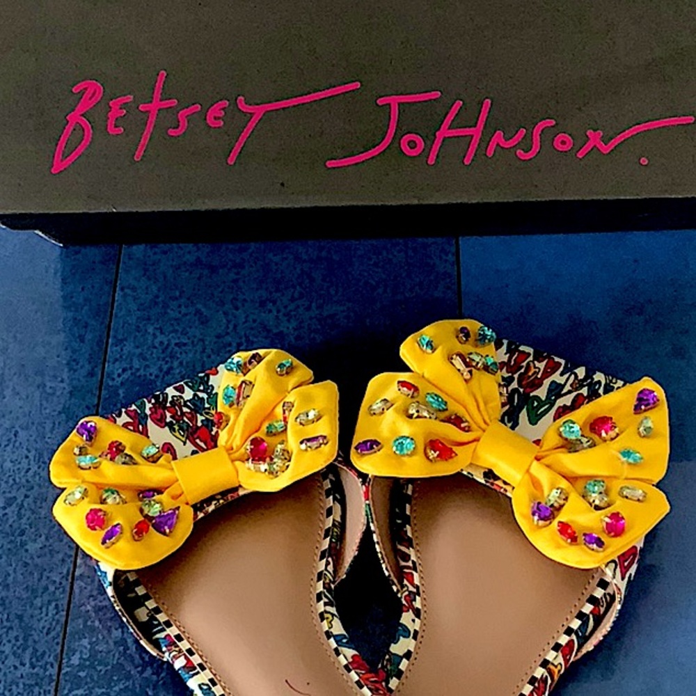 Betsey Johnson Vibrant Yellow Bow Sandals with multicolored stones.